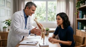 Ortopedista explicando um modelo anatômico de fêmur e joelho a uma paciente jovem em um consultório médico moderno e acolhedor.