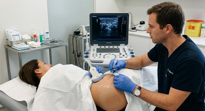 Médico ortopedista realiza injeção guiada por ultrassom no quadril de paciente, com foco na tela do aparelho