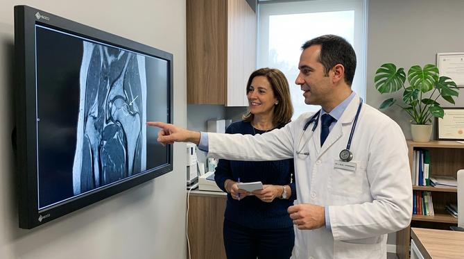 Médico ortopedista explica resultado de ressonância magnética de osso a paciente em tela digital grande, dentro de consultório moderno e clean, transmitindo confiança e clareza.