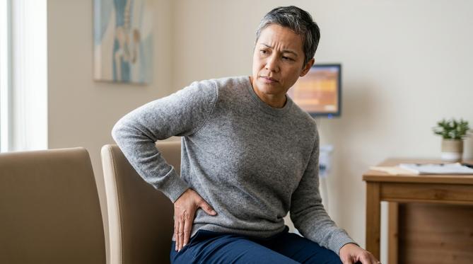 Pessoa com dor crônica no quadril, expressão preocupada, em consultório médico moderno.