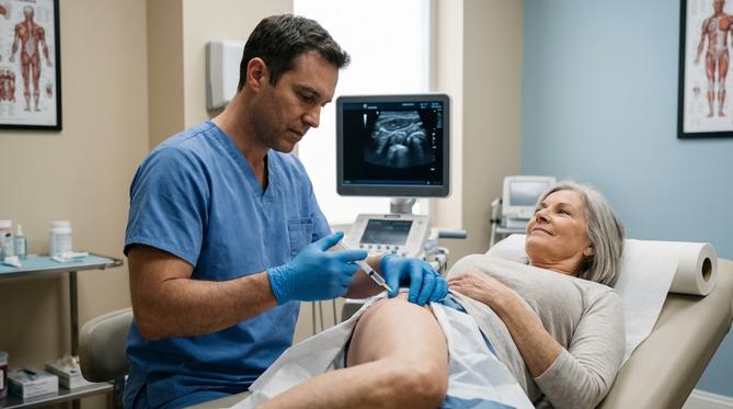 Médico especialista injeta substância no quadril de paciente deitado, com monitor de ultrassom exibindo a articulação.