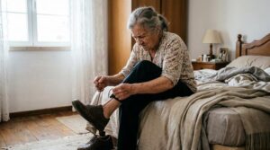 Mulher idosa sentada na cama com expressão de desconforto enquanto tenta amarrar o cadarço do sapato.