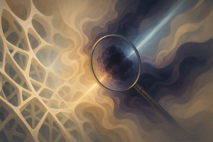 Composição abstrata de estrutura óssea cristalina com anomalia interna orgânica, permeada por feixes de luz dourada e azul, simbolizando investigação, fragilidade e resiliência.