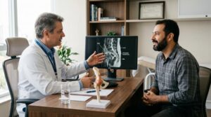Médico em jaleco branco explica resultados de exame em monitor para paciente adulto em consultório.