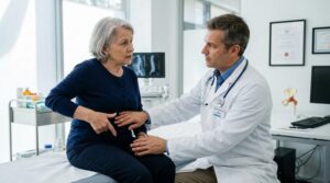 Médico ortopedista examina o quadril de uma paciente idosa em um consultório moderno, enquanto ela aponta para a área de dor.